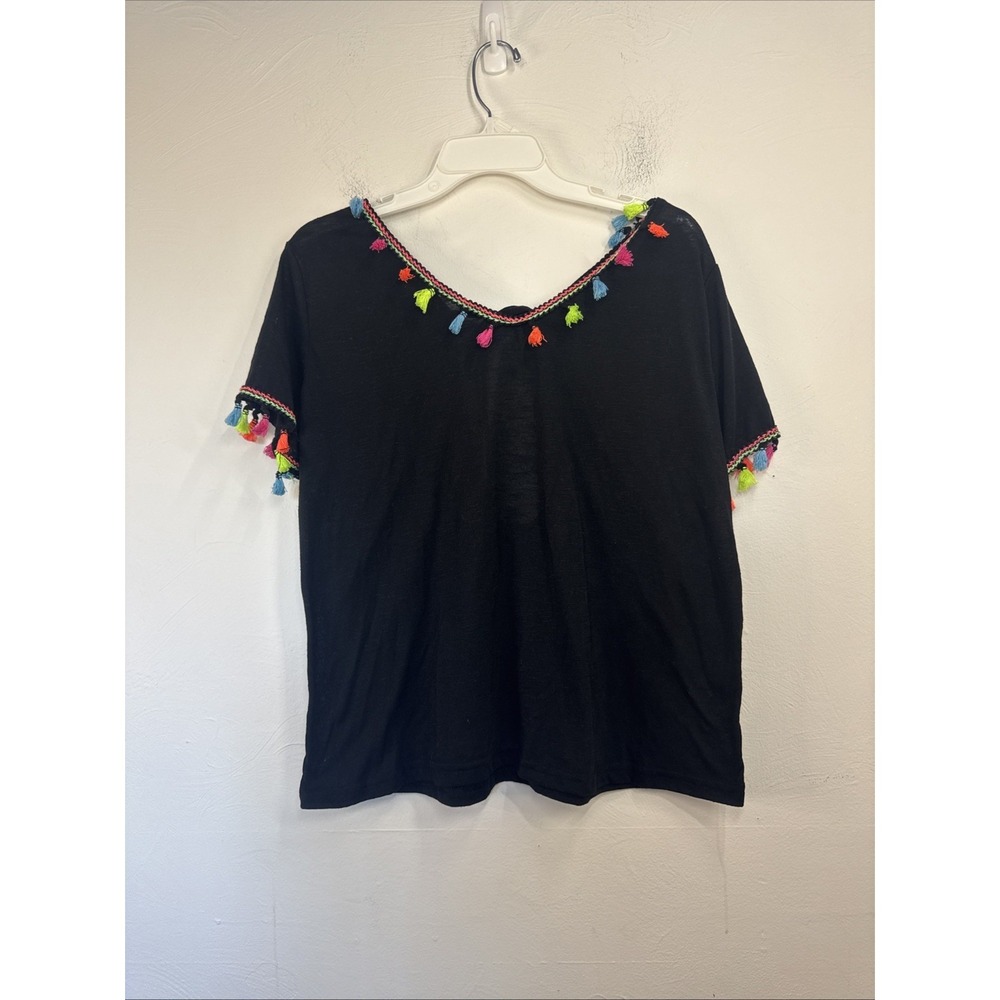 Women's Black Shirt with Neon Fringe Low Back Size XL Mexican Festival Party